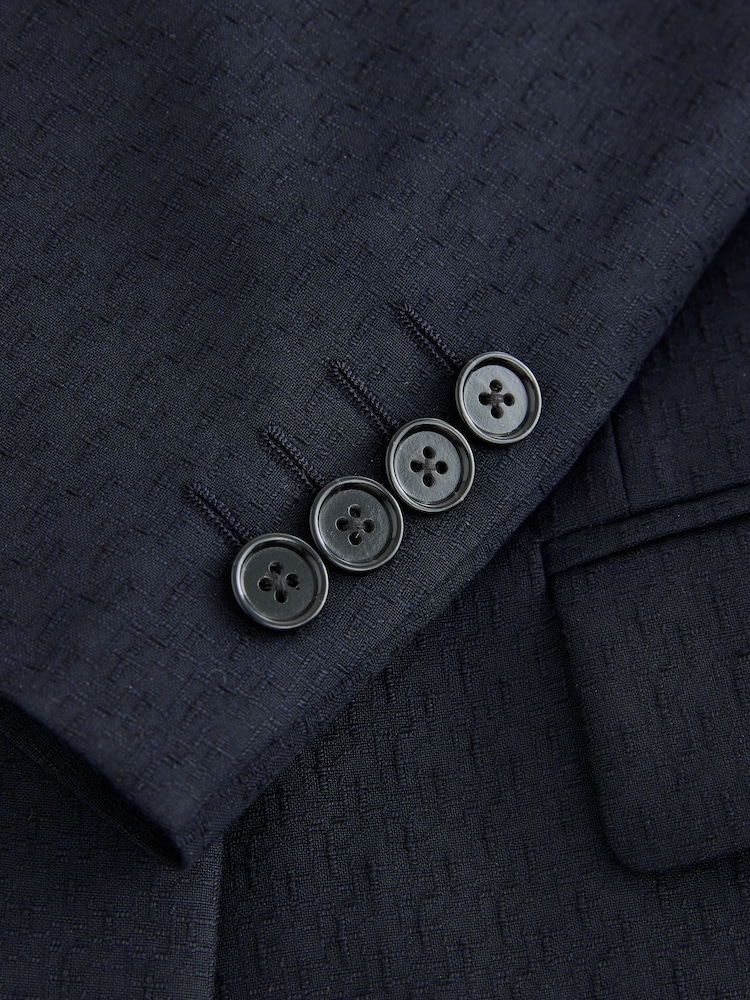 Navy Double Breasted Tailored Fit Textured Tuxedo Suit Jacket With Brooch - Image 10 of 10