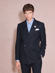 Navy Double Breasted Tailored Fit Textured Tuxedo Suit Jacket With Brooch - Image 2 of 10