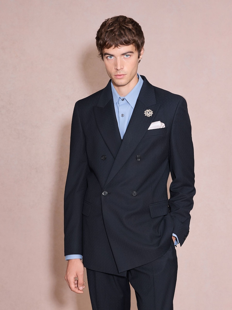 Navy Double Breasted Tailored Fit Textured Tuxedo Suit Jacket With Brooch - Image 2 of 10