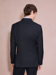Navy Double Breasted Tailored Fit Textured Tuxedo Suit Jacket With Brooch - Image 3 of 10