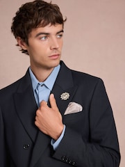 Navy Double Breasted Tailored Fit Textured Tuxedo Suit Jacket With Brooch - Image 4 of 10