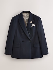 Navy Double Breasted Tailored Fit Textured Tuxedo Suit Jacket With Brooch - Image 5 of 10