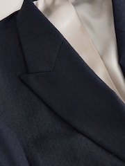 Navy Double Breasted Tailored Fit Textured Tuxedo Suit Jacket With Brooch - Image 7 of 10
