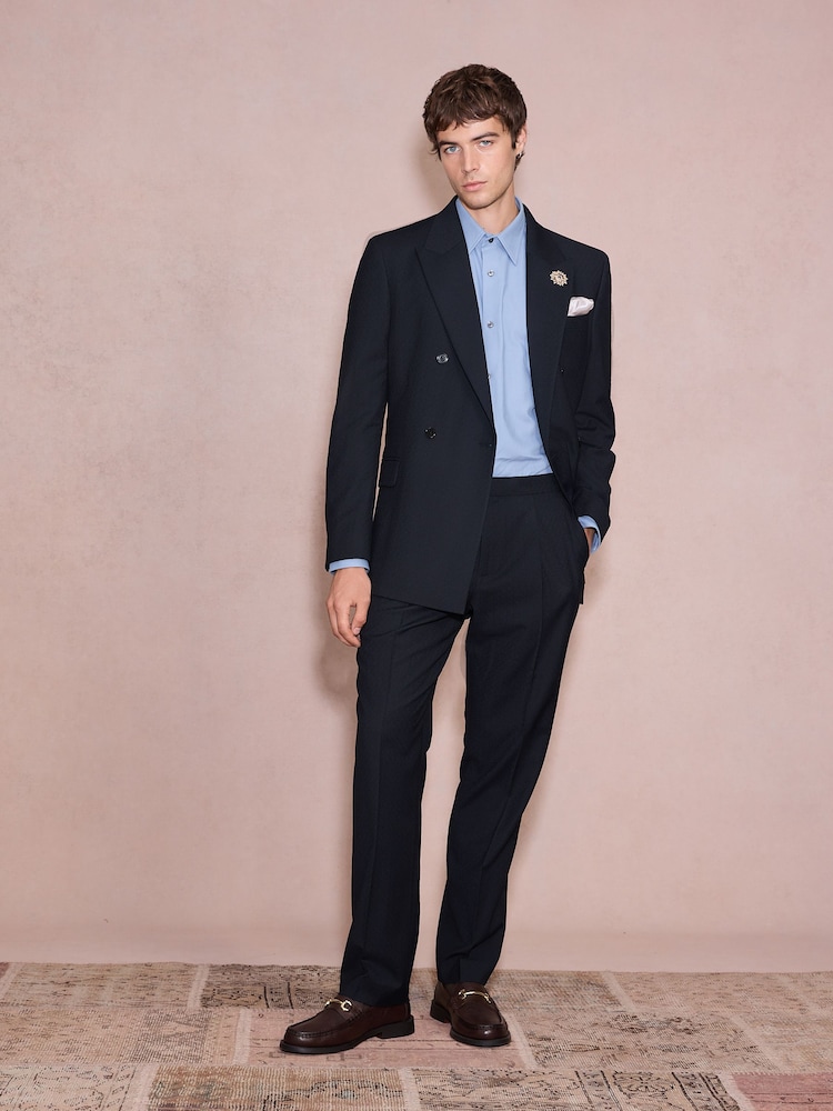 Navy Tailored Fit Textured Tuxedo Suit Trousers - Image 2 of 9