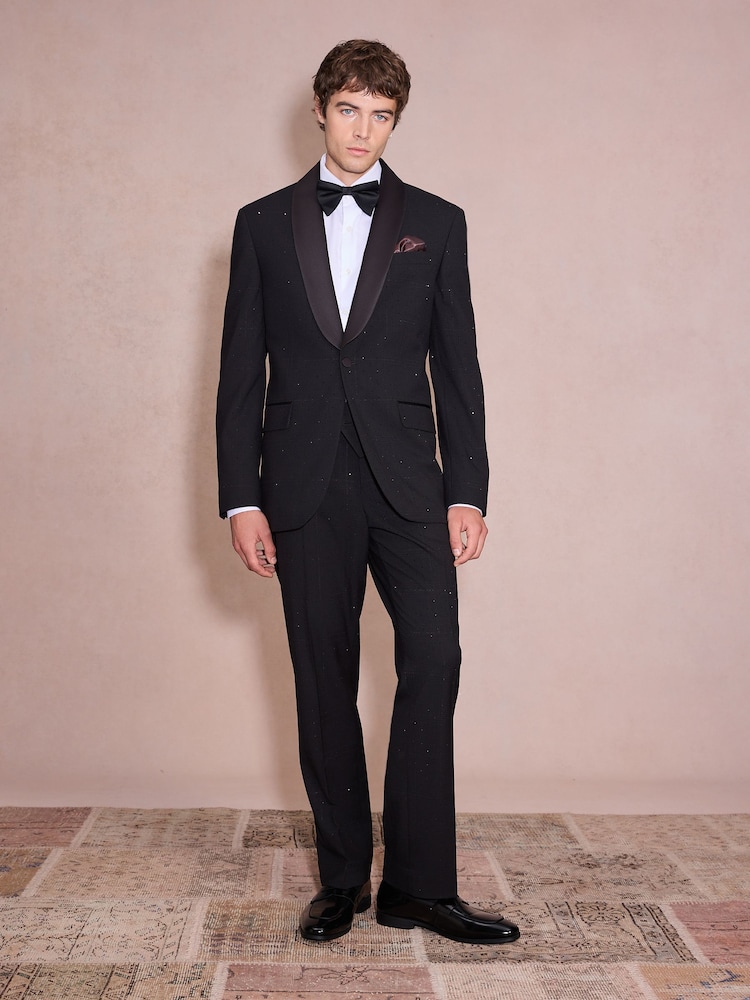 Black Regular Fit Check Sparkle Tuxedo Suit Trousers - Image 2 of 9