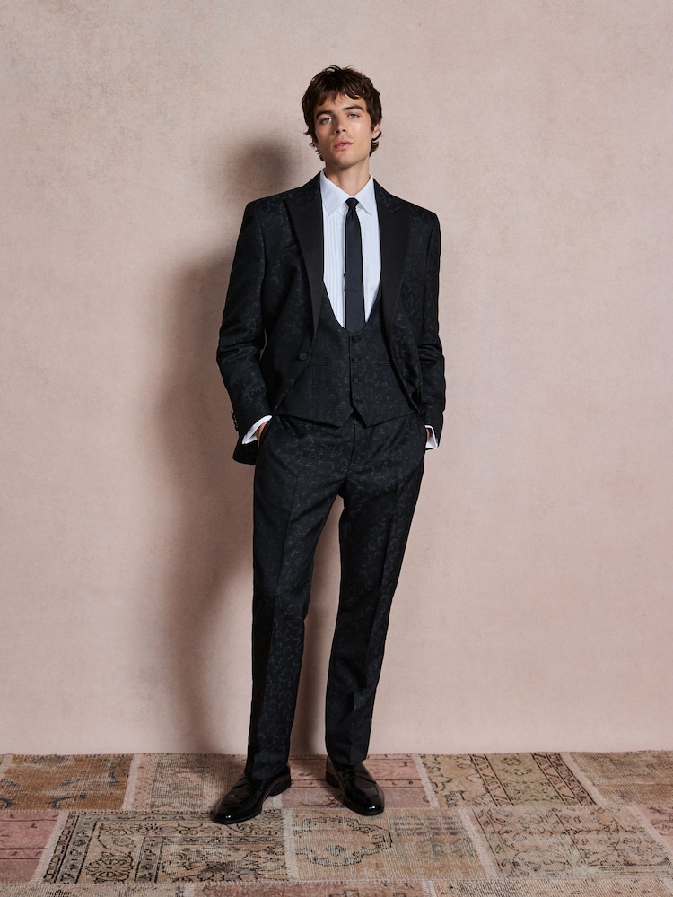 Navy Regular Fit Tuxedo Patterned Textured Suit Jacket - Image 2 of 8 Navy Regular Fit Tuxedo Patterned Textured Suit Jacket - Image 2 of 8
