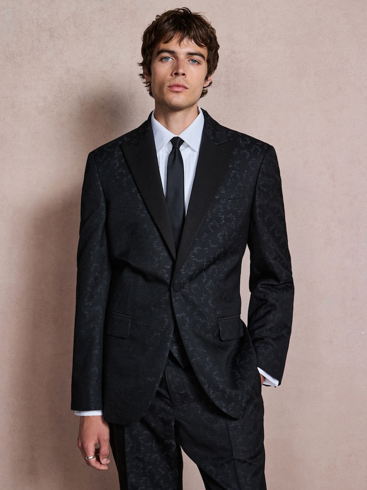 Navy Regular Fit Tuxedo Patterned Textured Suit Jacket - Image 8 of 8 Navy Regular Fit Tuxedo Patterned Textured Suit Jacket - Image 8 of 8