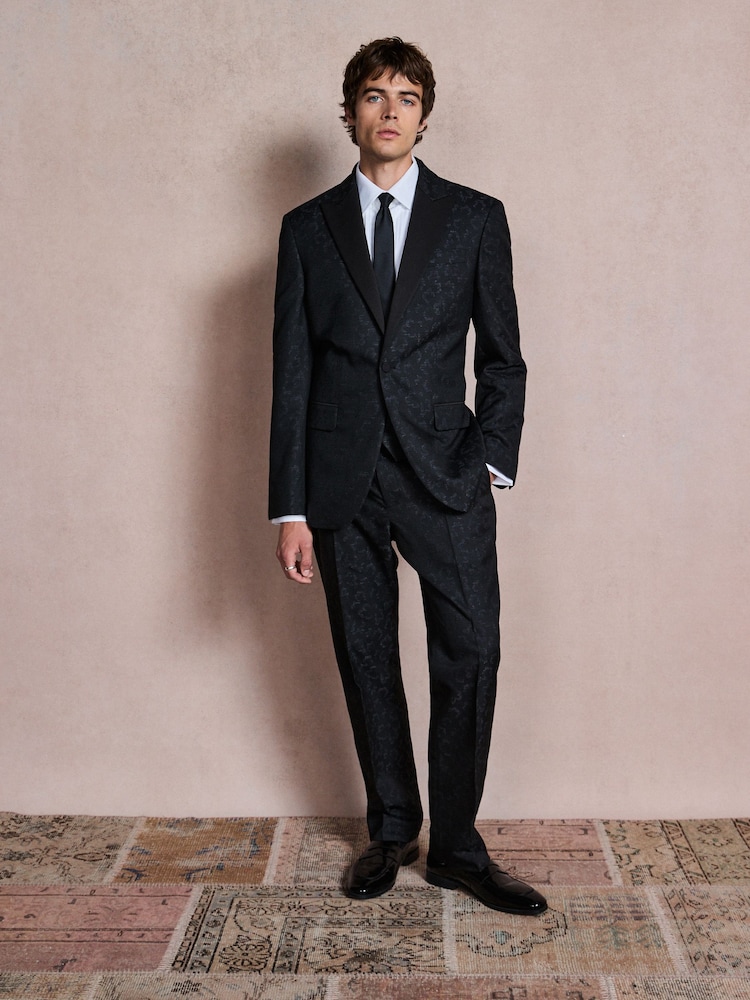 Navy Regular Fit Tuxedo Patterned Textured Suit Trousers - Image 2 of 6