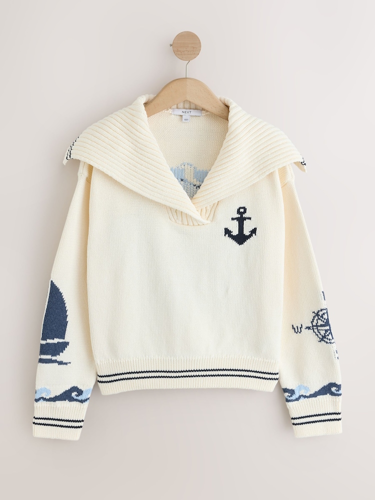 White/Blue Dolphin Back Graphic Collar Jumper - Image 1 of 4