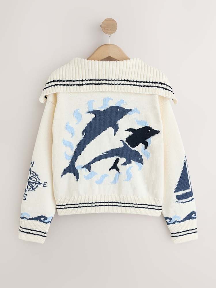 White/Blue Dolphin Back Graphic Collar Jumper - Image 2 of 4