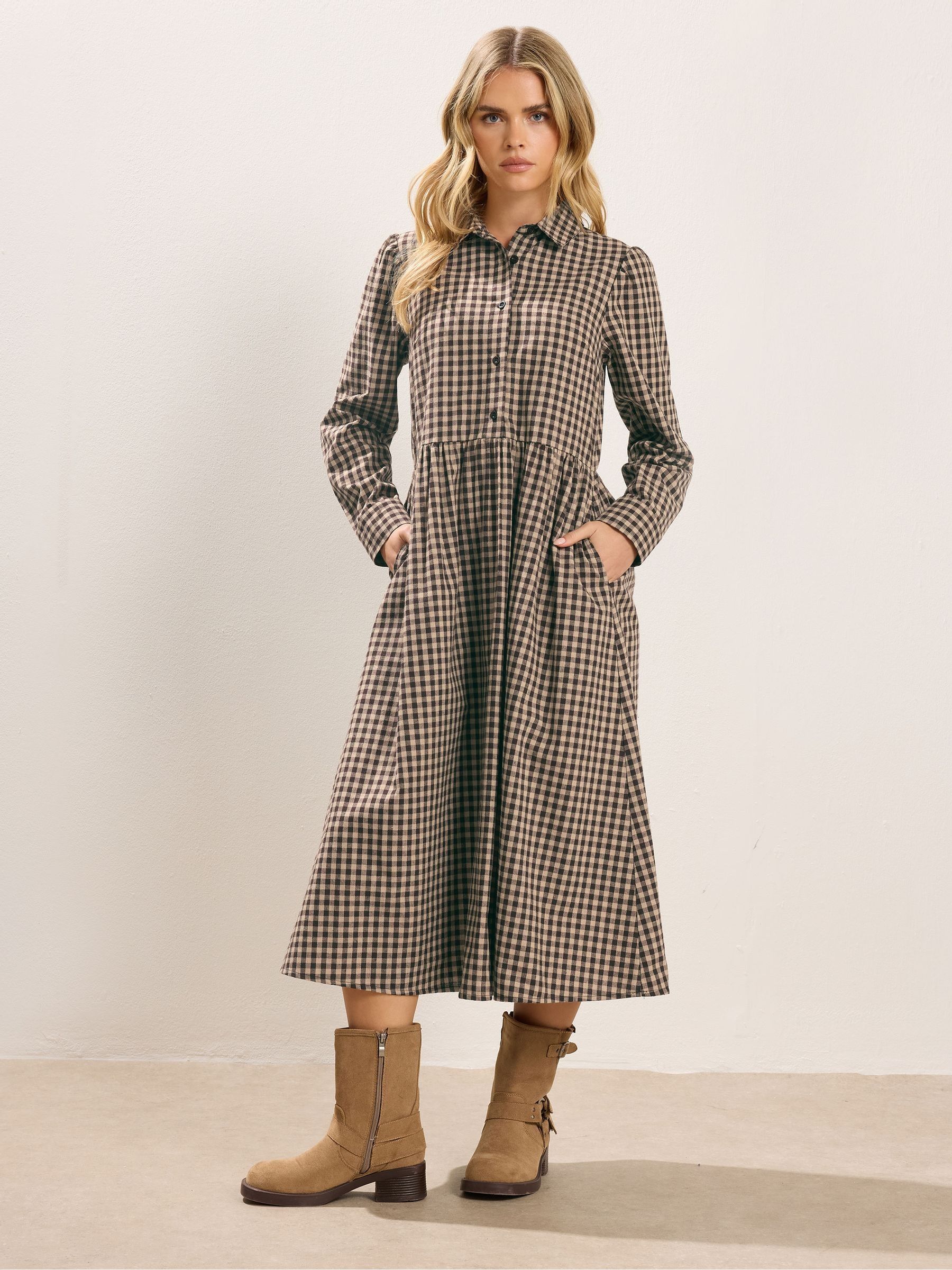 Buy PixieGirl Petite Brown Gingham Shirt Midi Dress from the Next