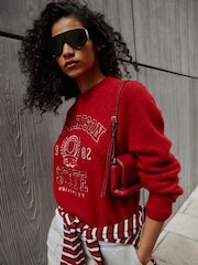 Red Collegiate Graphic Long Sleeve Crew Neck Knitted Jumper With Wool - Image 1 of 6