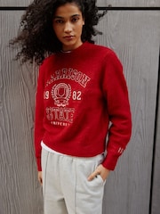 Red Collegiate Graphic Long Sleeve Crew Neck Knitted Jumper With Wool - Image 2 of 6
