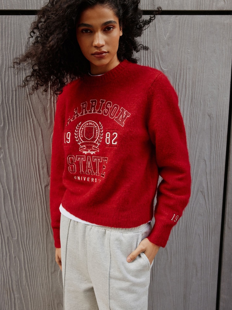 Red Collegiate Graphic Long Sleeve Crew Neck Knitted Jumper With Wool - Image 2 of 6