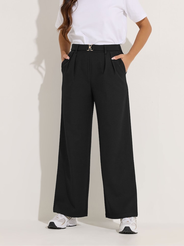 PixieGirl Petite Black Clasp Front Wide Leg Trousers - Image 1 of 6 PixieGirl Petite Black Clasp Front Wide Leg Trousers - Image 1 of 6