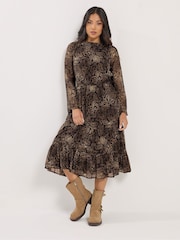 PixieGirl Petite Brown Leaf Print Midi Dress - Image 1 of 2