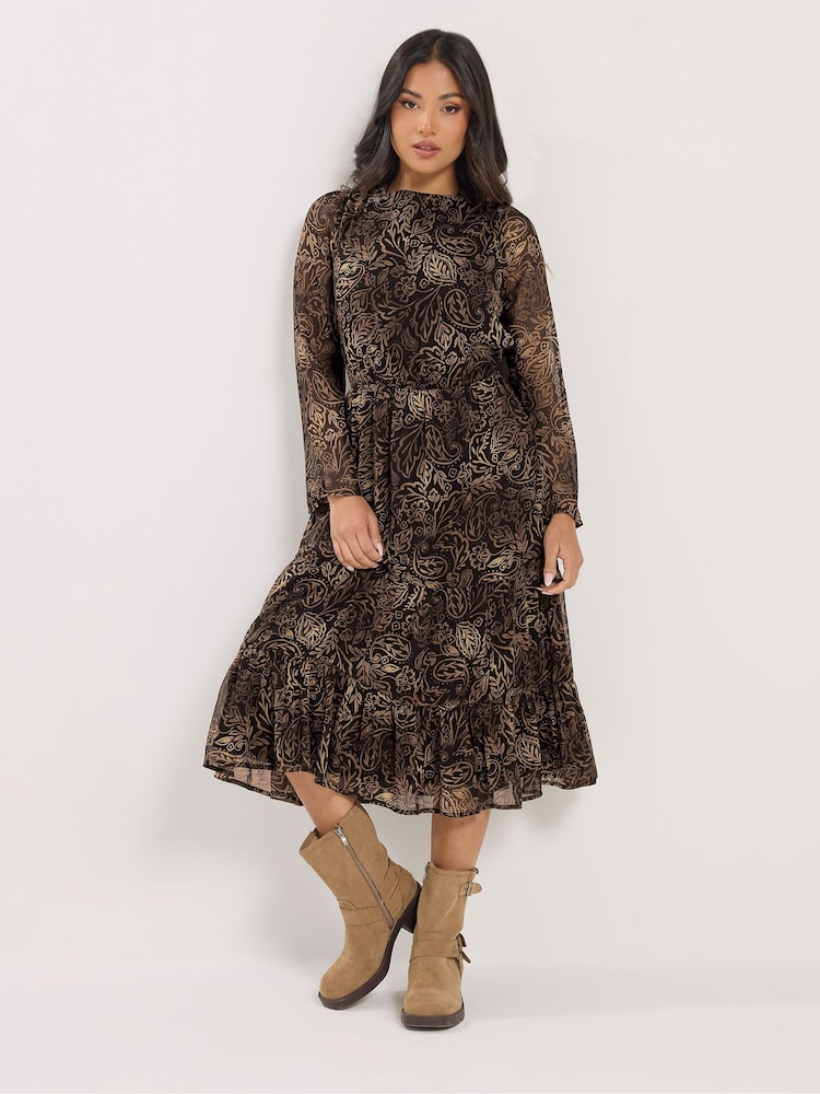 PixieGirl Petite Brown Leaf Print Midi Dress - Image 1 of 2