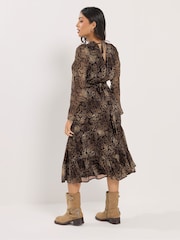 PixieGirl Petite Brown Leaf Print Midi Dress - Image 2 of 2