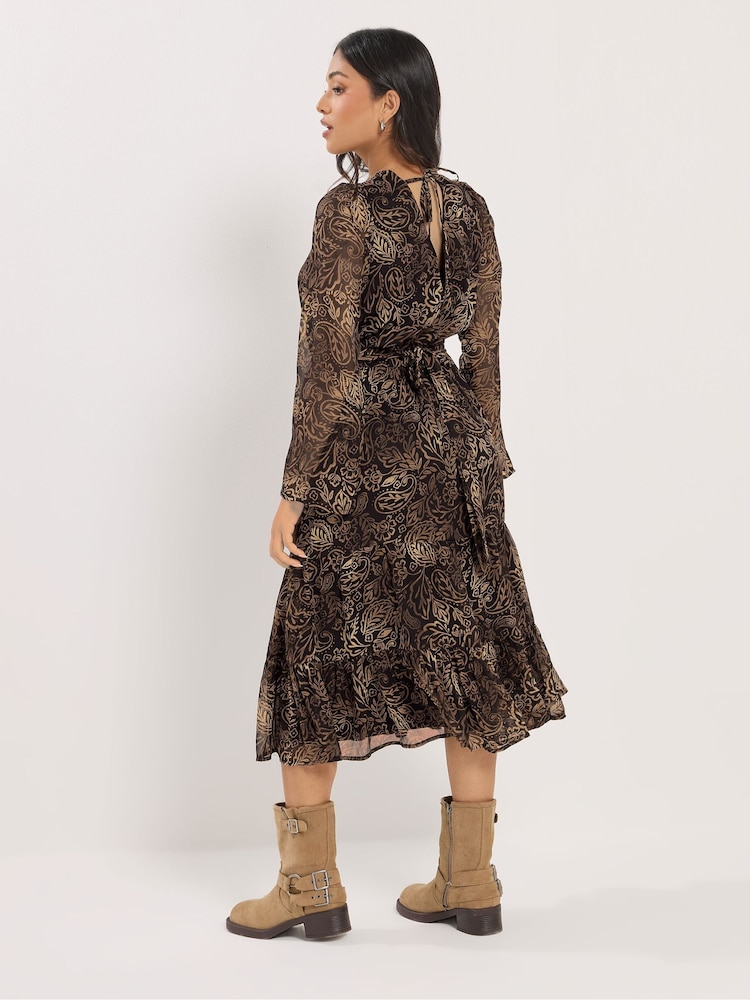 PixieGirl Petite Brown Leaf Print Midi Dress - Image 2 of 2