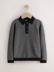 Monochrome Textured Knitted Popper Neck Polo Shirt (3-16yrs) - Image 1 of 4