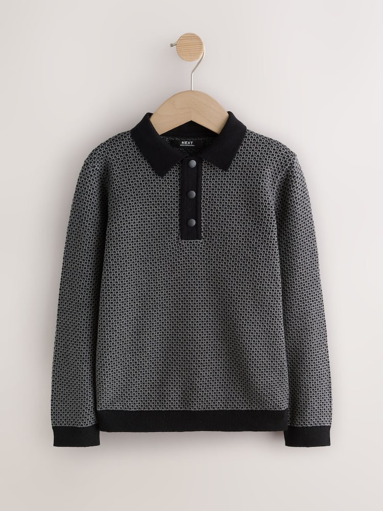 Monochrome Textured Knitted Popper Neck Polo Shirt (3-16yrs) - Image 1 of 4