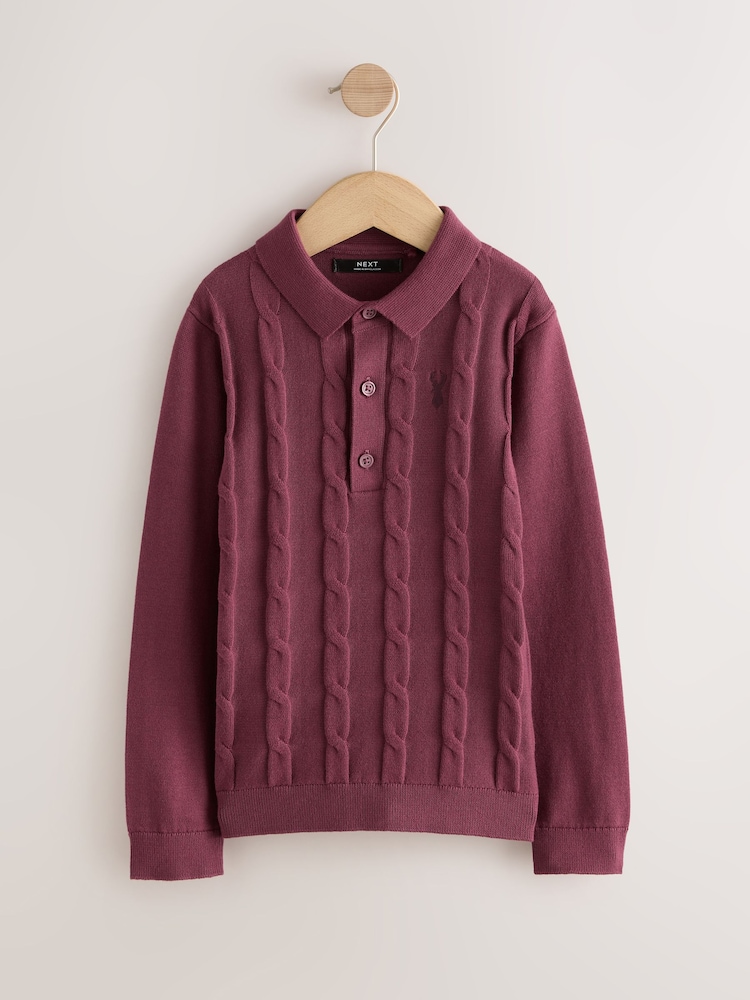 Burgundy Red Stag Cable Knit Polo Shirt (3-16yrs) - Image 1 of 4