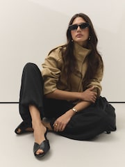 Black Forever Comfort® Leather Peeptoe Mule Heels - Image 4 of 10