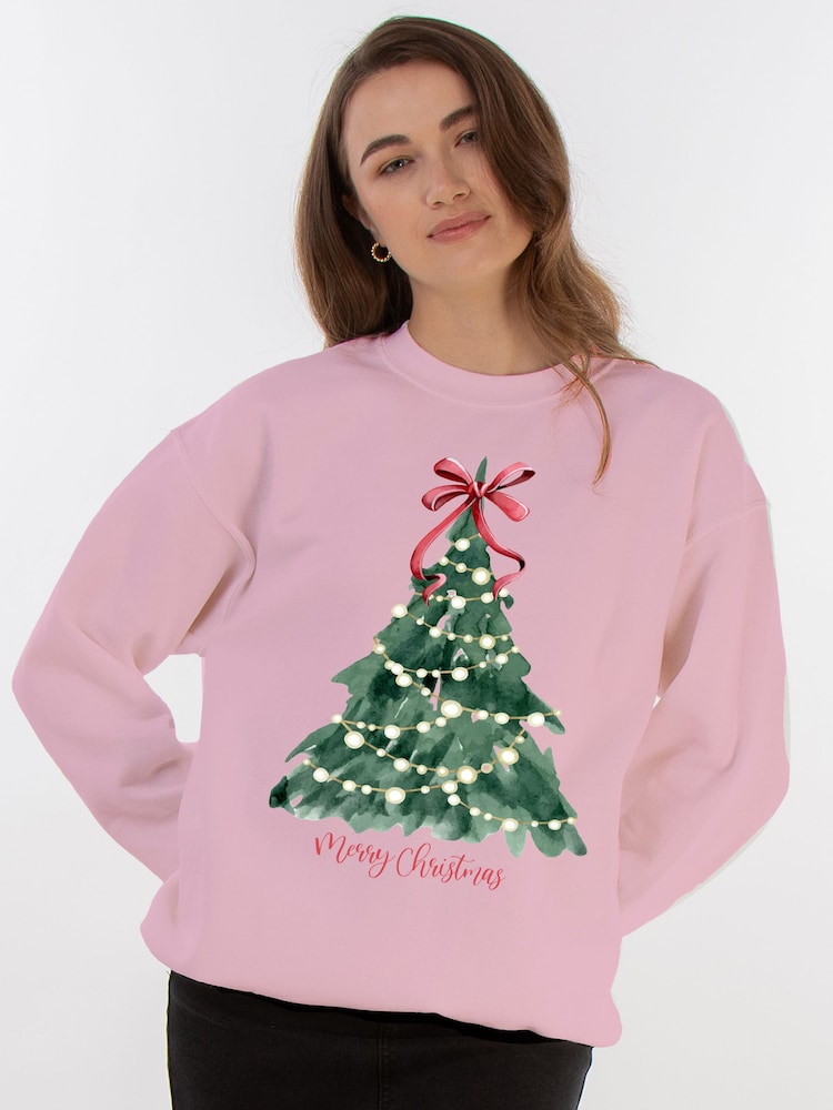Brands In Pink Christmas Tree Watercolour Sweatshirt - Image 1 of 4 Brands In Pink Christmas Tree Watercolour Sweatshirt - Image 1 of 4