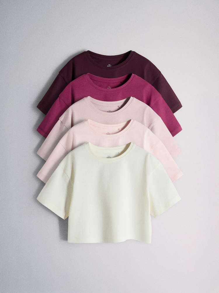 The Set 5 Pack Cropped Oversized T-Shirt Pink/Purple/White - Image 2 of 13