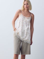 Ecru Ditsy Floral Print Asymmetric Hem Lace Cami Top - Image 1 of 5