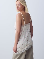 Ecru Ditsy Floral Print Asymmetric Hem Lace Cami Top - Image 4 of 5