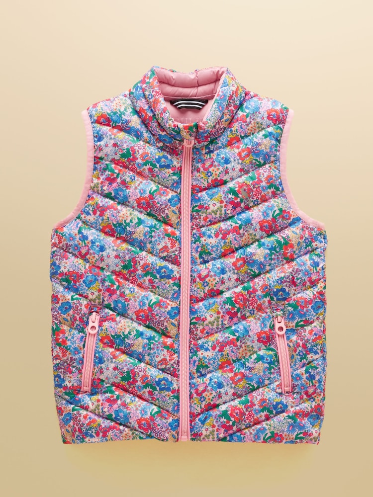 Joules Girls' Crofton Pink Ditsy Showerproof Padded Gilet - Image 1 of 5 Joules Girls' Crofton Pink Ditsy Showerproof Padded Gilet - Image 1 of 5