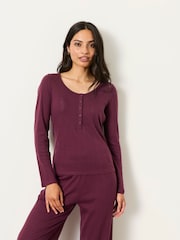 FatFace Hattie Plum Purple Henley Pointelle Top - Image 1 of 6