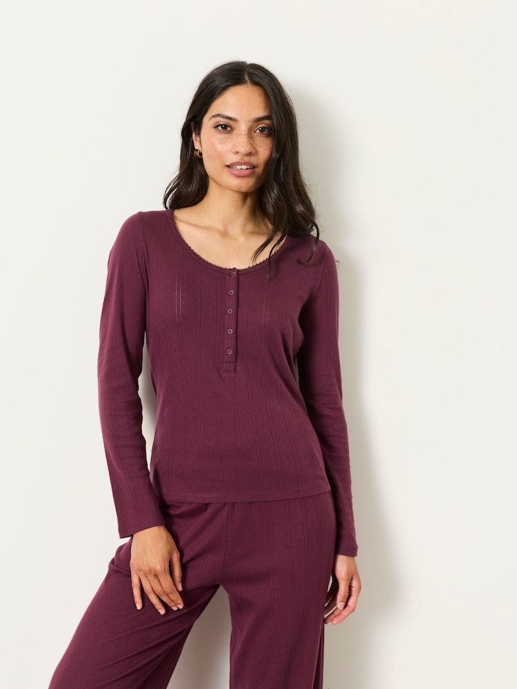FatFace Hattie Plum Purple Henley Pointelle Top - Image 1 of 6 FatFace Hattie Plum Purple Henley Pointelle Top - Image 1 of 6