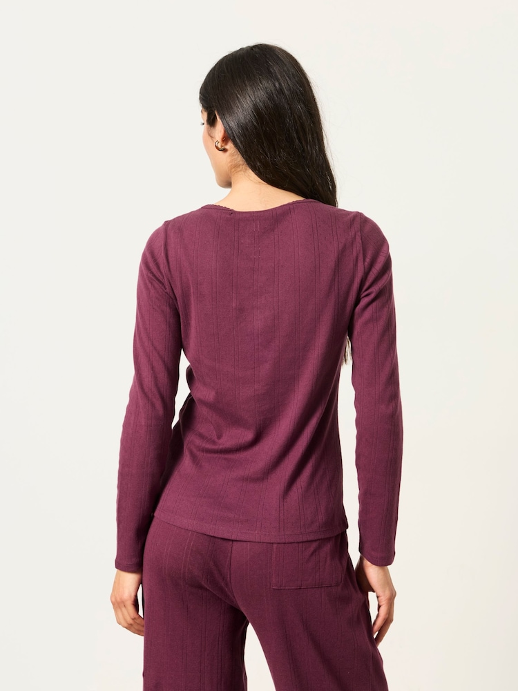 FatFace Hattie Plum Purple Henley Pointelle Top - Image 2 of 6 FatFace Hattie Plum Purple Henley Pointelle Top - Image 2 of 6