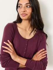 FatFace Hattie Plum Purple Henley Pointelle Top - Image 4 of 6