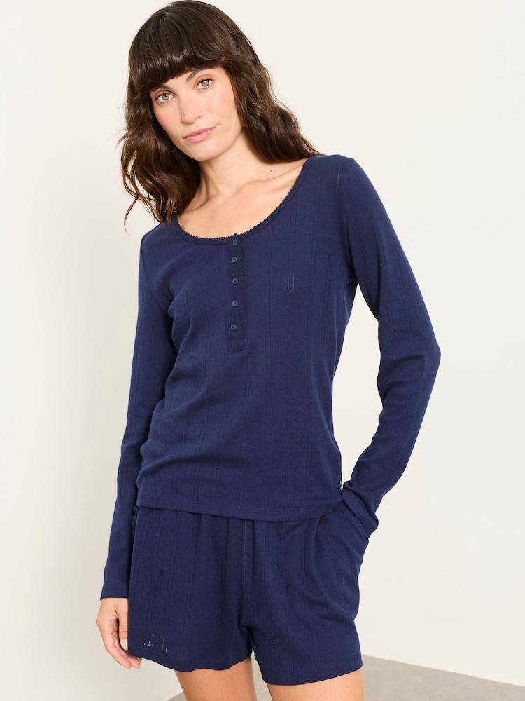 FatFace Hattie Navy Henley Pointelle Top - Image 1 of 5 FatFace Hattie Navy Henley Pointelle Top - Image 1 of 5