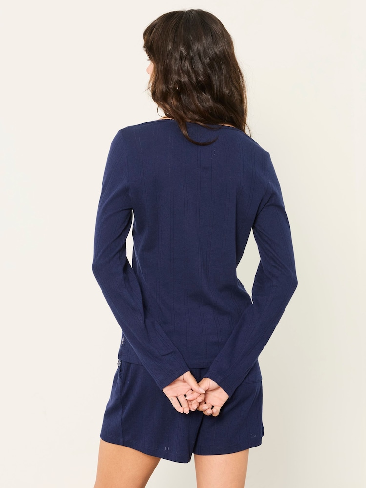 FatFace Hattie Navy Henley Pointelle Top - Image 2 of 5 FatFace Hattie Navy Henley Pointelle Top - Image 2 of 5