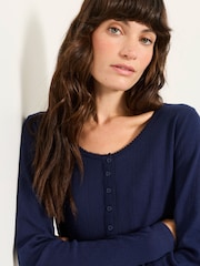 FatFace Hattie Navy Henley Pointelle Top - Image 4 of 5