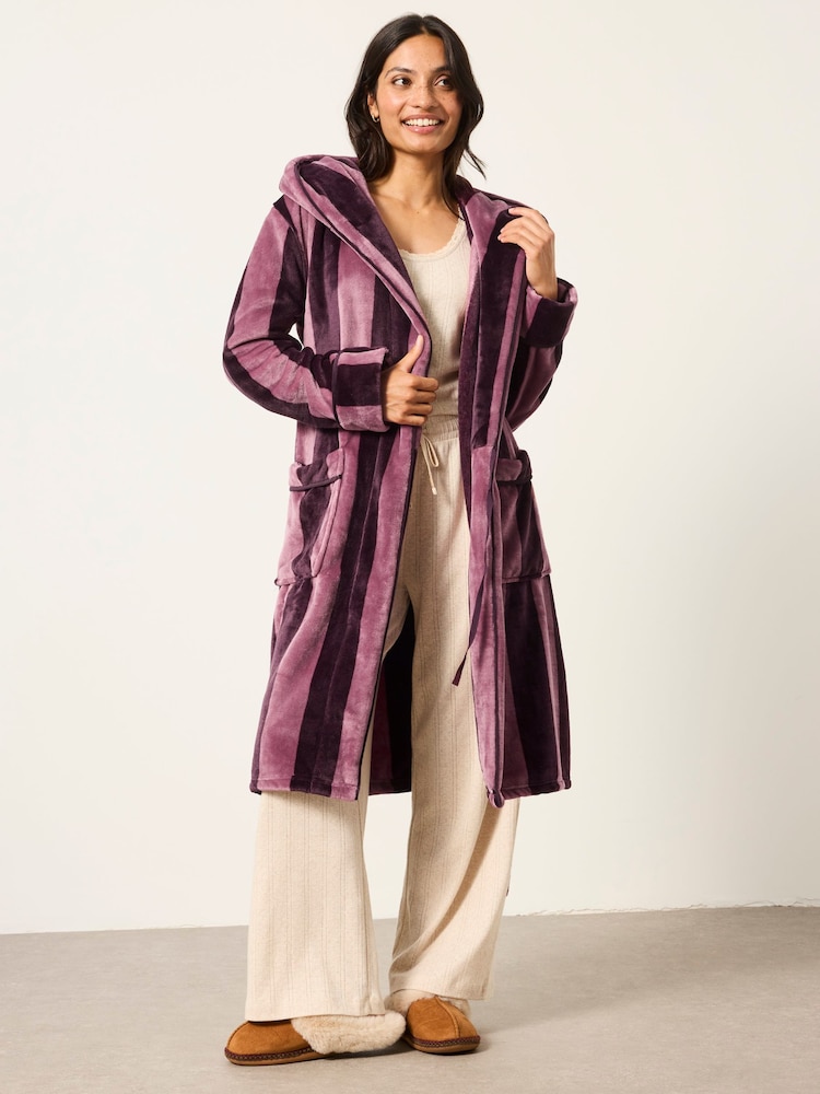 FatFace Plum Purple Soft Striped Dressing Gown - Image 1 of 6