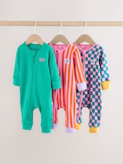 Pink/Blue Checkerboard Two Way Zip Baby Sleepsuits 3 Pack (0mths-3yrs) - Image 1 of 14