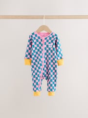 Pink/Blue Checkerboard Two Way Zip Baby Sleepsuits 3 Pack (0mths-3yrs) - Image 11 of 14