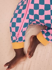 Pink/Blue Checkerboard Two Way Zip Baby Sleepsuits 3 Pack (0mths-3yrs) - Image 6 of 14