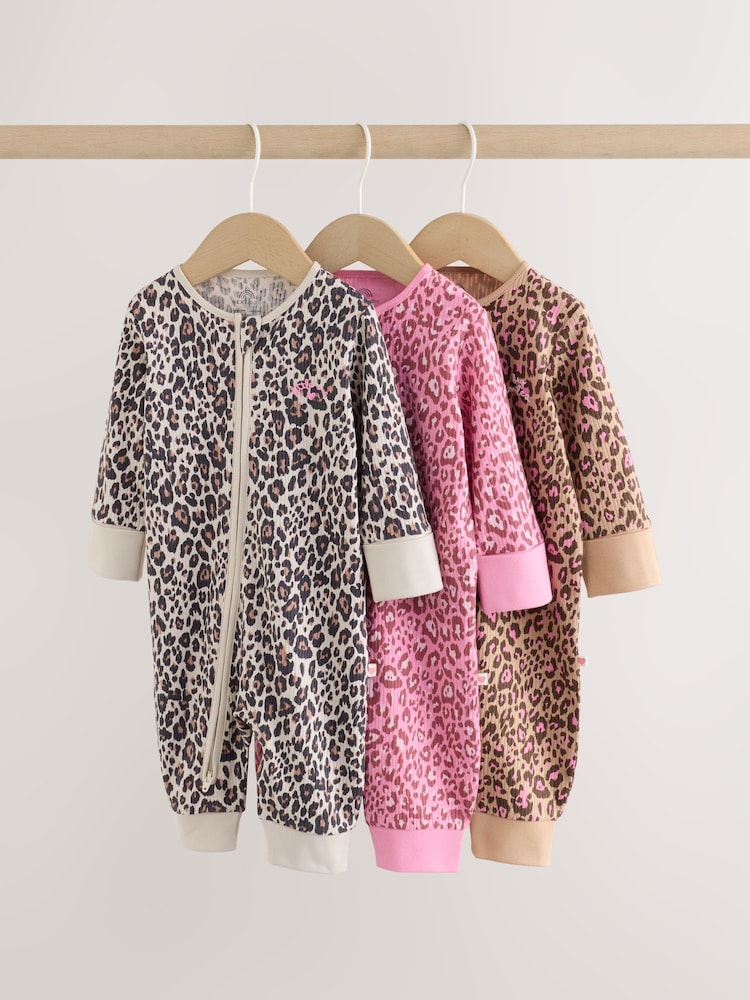 Pink Animal Print Two Way Zip Baby Sleepsuit 3 Pack (0mths-3yrs) - Image 1 of 11 Pink Animal Print Two Way Zip Baby Sleepsuit 3 Pack (0mths-3yrs) - Image 1 of 11