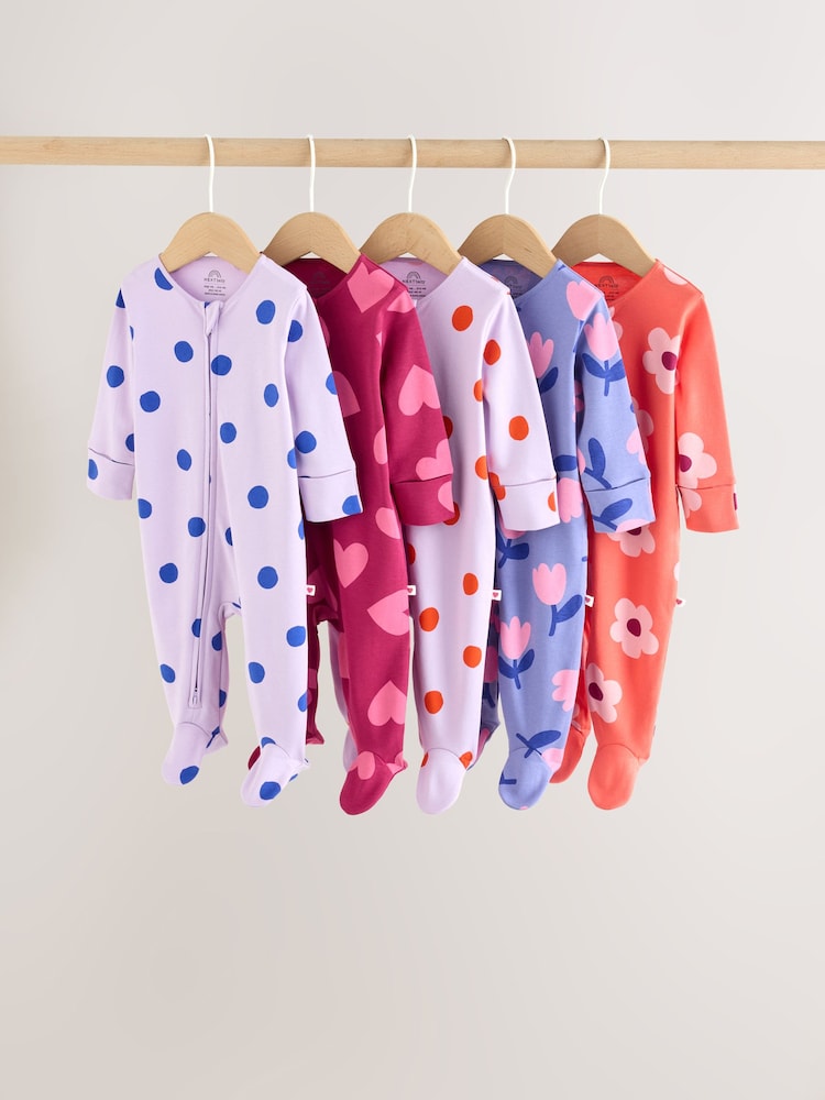 Purple/Pink Two Way Zip Baby Sleepsuits 5 Pack (0-2yrs) - Image 1 of 14 Purple/Pink Two Way Zip Baby Sleepsuits 5 Pack (0-2yrs) - Image 1 of 14