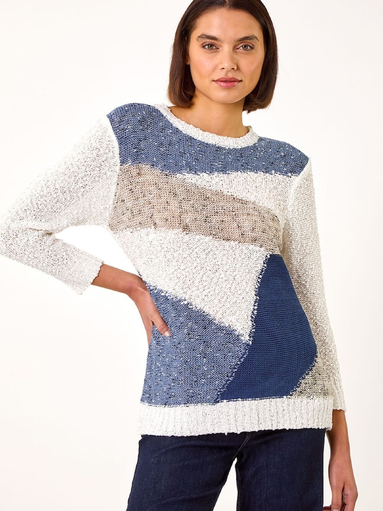 Roman Blue Textured Colourblock Jumper - Image 1 of 5 Roman Blue Textured Colourblock Jumper - Image 1 of 5