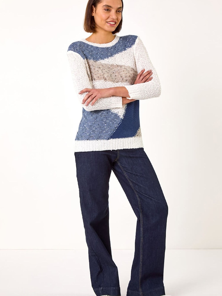 Roman Blue Textured Colourblock Jumper - Image 2 of 5 Roman Blue Textured Colourblock Jumper - Image 2 of 5