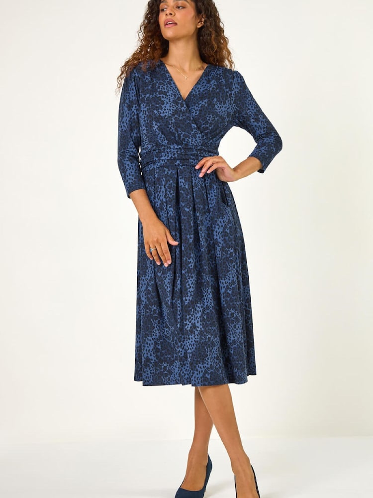 Roman Blue Animal Print Mock Wrap Midi Dress - Image 1 of 5 Roman Blue Animal Print Mock Wrap Midi Dress - Image 1 of 5