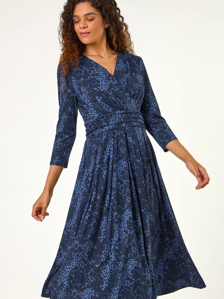 Roman Blue Animal Print Mock Wrap Midi Dress - Image 2 of 5 Roman Blue Animal Print Mock Wrap Midi Dress - Image 2 of 5