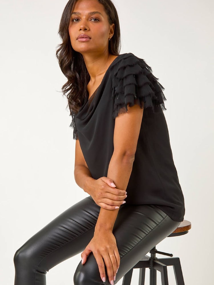 Roman Black Cowl Neck Shoulder Sequin Frill Top - Image 1 of 5 Roman Black Cowl Neck Shoulder Sequin Frill Top - Image 1 of 5